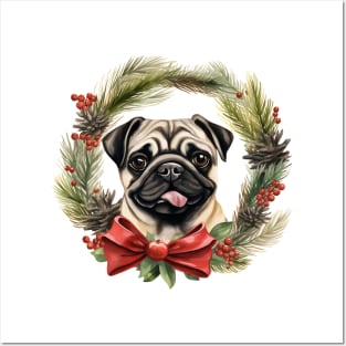 Christmas Pug Dog Wreath Posters and Art